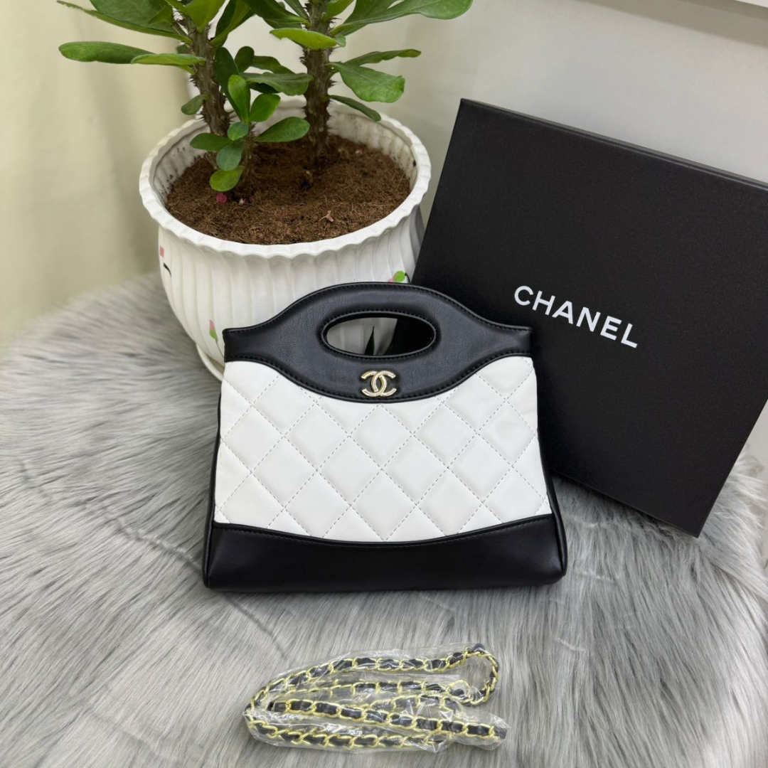 CHANEL Women’s Quilted Leather Handbag – Beige & Black Designer Purse | Luxury Fashion Bag Dubai